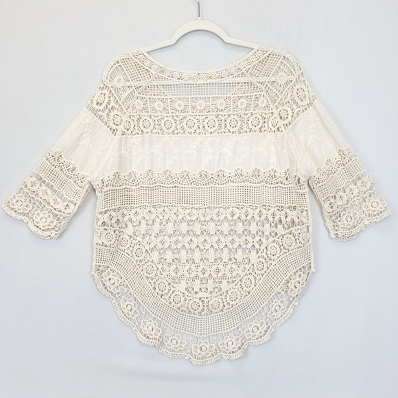 Ya Los Angles Crochet Top High Low 3/4 Sleeve‎ Women S / M Beige Boho Beachy - Picture 3 of 12